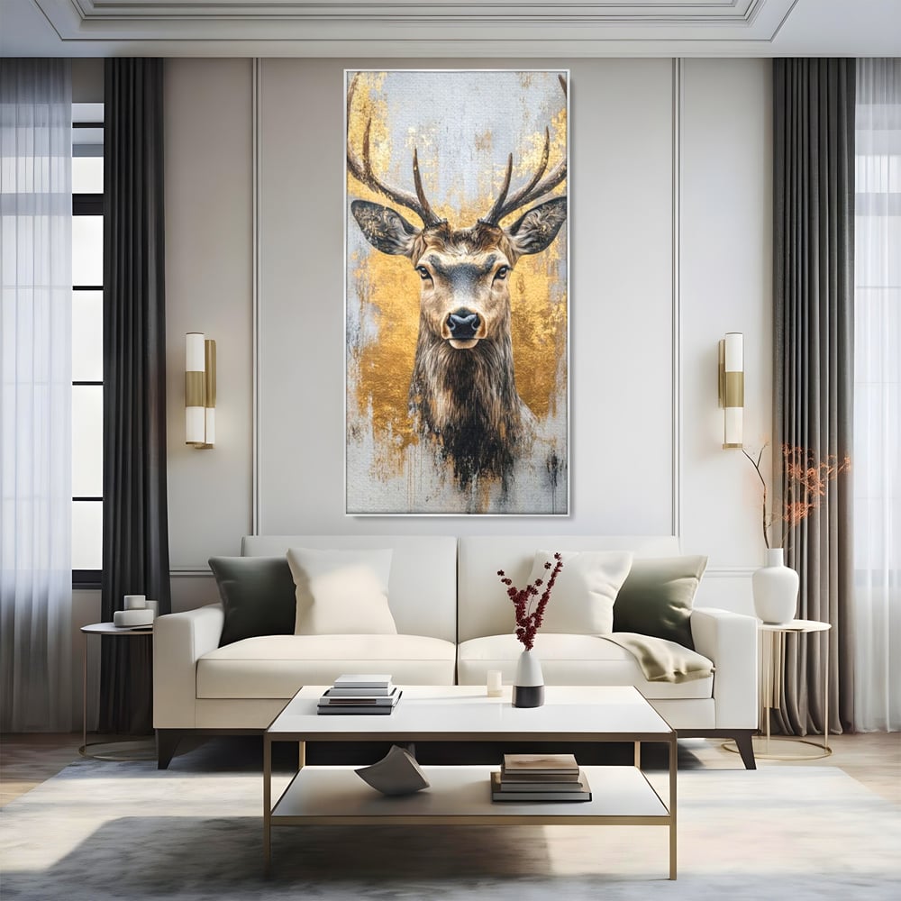 Tablou canvas cu tablou canvas cu cerb si accente aurii, in rama de aluminiu argintiu, pe perete intr-un living